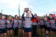 7 January 2022; The Mullingar captain Moya Murtagh lifts the shield as her team-mates celebrate after the Bank of Ireland Leinster Rugby Girls U16 Plate match between Wexford Wanderers of Wexford and Mullingar Blue of Longford at the Pitch 2 in SETU Carlow, Carlow. Photo by Matt Browne/Sportsfile