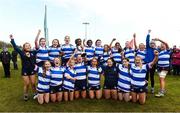 7 January 2023; Athy RFC captain Ella Keatley Kindregan lifts the cup as her team-mates celebrate after the Bank of Ireland Leinster Rugby Girls U16 Cup match between Gorey RFC of Wexford and Athy RFC of Kildare at the Pitch 1 in SETU Carlow, Carlow. Photo by Matt Browne/Sportsfile