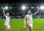 7 January 2023; Jack Conan, right, and Hugo Keenan of Leinster after their side's victory in the United Rugby Championship between Ospreys and Leinster at the Swansea.com Stadium in Swansea, Wales. Photo by Harry Murphy/Sportsfile