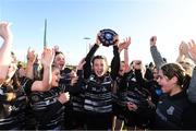 7 January 2023; Dundalk RFC captain Maggie Kerin lifts the shield as her team-mates celebrate after the Bank of Ireland Leinster Rugby Girls U14 Plate match between Wicklow RFC of Wicklow and Dundalk RFC of Louth at the Pitch 2 in SETU Carlow, Carlow. Photo by Matt Browne/Sportsfile