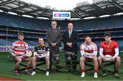 10 January 2023; AIB Chief Executive Colin Hunt and Uachtarán Chumann Lúthchleas Gael, Larry McCarthy pictured alongside Cathail O’Mahony of Ballygiblin, Bernard Feeney of Easkey, Matt Rennie of Fossa and Gareth Devlin of Stewartstown Harps ahead of the AIB GAA All-Ireland Football and Hurling Junior Club Championship Finals which take place in Croke Park this weekend. The AIB GAA All-Ireland Club Championships features some of #TheToughest players from communities all across Ireland. It is these very communities that the players represent that make the AIB GAA All-Ireland Club Championships unique. Now in its 32nd year supporting the GAA Club Championships, AIB is extremely proud to once again celebrate the communities that play such a role in sustaining our national games. Photo by David Fitzgerald/Sportsfile