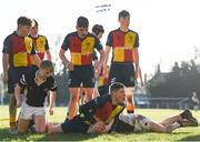 19 January 2023; Keith Bonar of St Fintan's High School celebrates after scoring his side's first try during the Bank of Ireland Fr Godfrey Cup Second Round match between St Fintan's High School and Ardscoil na Tríonóide at Old Belvedere RFC in Dublin. Photo by Harry Murphy/Sportsfile