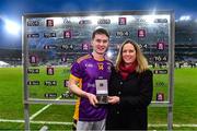 22 January 2023; Dara Mullin of Kilmacud Crokes receives the Man of the Match Award from Nuala Kroondijk, head of marketing engagement AIB, after the AIB GAA Football All-Ireland Senior Club Championship Final match between Watty Graham's Glen of Derry and Kilmacud Crokes of Dublin at Croke Park in Dublin. Photo by Piaras Ó Mídheach/Sportsfile