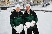 23 January 2023; Team Ireland skiers Eábha McKenna, left, and Ethan Bouchard during a team walk before the 2023 Winter European Youth Olympic Festival at Friuli-Venezia Giulia in Udine, Italy. Photo by Eóin Noonan/Sportsfile
