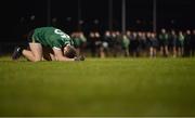 25 January 2023; Luke Donnelly of Queen's University Belfast dejected after taking the last penalty of the penalty shoot-out, that was saved by UCC goalkeeper Dylan Foley, not pictured, during the HE GAA Sigerson Cup Round 3 match between University College Cork and Queen's University Belfast at the GAA National Games Development Centre in Abbotstown, Dublin. Photo by Piaras Ó Mídheach/Sportsfile