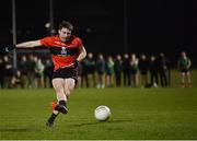 25 January 2023; Michael O'Gara of UCC scores a penalty in the penalty shoot-out of the HE GAA Sigerson Cup Round 3 match between University College Cork and Queen's University Belfast at the GAA National Games Development Centre in Abbotstown, Dublin. Photo by Piaras Ó Mídheach/Sportsfile