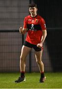 25 January 2023; Dylan Geaney of UCC celebrates after scoring a penalty in the penalty shoot-out of the HE GAA Sigerson Cup Round 3 match between University College Cork and Queen's University Belfast at the GAA National Games Development Centre in Abbotstown, Dublin. Photo by Piaras Ó Mídheach/Sportsfile