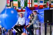 28 January 2023; Lindsay Peat and Mike Ross are interviewed by MC Philip Lawlor during the Leinster Junior Rugby lunch in Bective Rangers RFC in Donnybrook, Dublin. This is the fourth year that the lunch has been held in celebration of Junior Club Rugby in Leinster. Photo by Brendan Moran/Sportsfile
