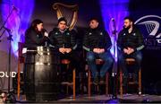 28 January 2023; Leinster players Charlie Ngatai, Martin Moloney and Robbie Henshaw during a Fan Q&A Session in the Fan Zone before the United Rugby Championship match between Leinster and Cardiff at RDS Arena in Dublin. Photo by Ben McShane/Sportsfile