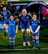 28 January 2023; Match day mascots Darragh McConnell and Lara Kilcline with Leinster captain Rhys Ruddock before the United Rugby Championship match between Leinster and Cardiff at RDS Arena in Dublin. Photo by Harry Murphy/Sportsfile