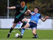 4 February 2023; Rory Gaffney of Shamrock Rovers is tackled by Dara Keane of UCD during the Leinster Senior Cup fourth round match between UCD and Shamrock Rovers at UCD Bowl in Dublin. Photo by Tyler Miller/Sportsfile