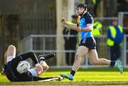 5 February 2023; David Keogh of Dublin celebrates after scoring his side's second goal past Waterford goalkeeper Shaun O'Brien during the Allianz Hurling League Division 1 Group B match between Waterford and Dublin at Fraher Field in Dungarvan, Waterford. Photo by Harry Murphy/Sportsfile