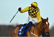 5 February 2023; Jockey Paul Townend turns towards the grandstand to celebrate as he crosses the line on State Man to win the Chanelle Pharma Irish Champion Hurdle on day two of the Dublin Racing Festival at Leopardstown Racecourse in Dublin. Photo by Seb Daly/Sportsfile