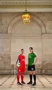 8 February 2023; Pearl Slattery of Shelbourne and Karen Duggan of Peamount United at the launch of the SSE Airtricity League of Ireland 2023 season held at City Hall in Dublin. Photo by Eóin Noonan/Sportsfile