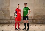 8 February 2023; Pearl Slattery of Shelbourne and Karen Duggan of Peamount United at the launch of the SSE Airtricity League of Ireland 2023 season held at City Hall in Dublin. Photo by Eóin Noonan/Sportsfile