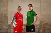 8 February 2023; Pearl Slattery of Shelbourne and Karen Duggan of Peamount United at the launch of the SSE Airtricity League of Ireland 2023 season held at City Hall in Dublin. Photo by Eóin Noonan/Sportsfile