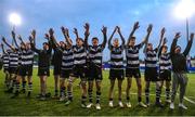 9 February 2023; Cistercian College Roscrea players celebrate after the Bank of Ireland Leinster Rugby Schools Junior Cup First Round match between Clongowes Wood College and Cistercian College, Roscrea, at Energia Park in Dublin. Photo by Daire Brennan/Sportsfile