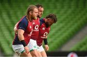 10 February 2023; Ireland players, from left, Finlay Bealham, Rob Herring and Andrew Porter during the Ireland rugby captain's run at the Aviva Stadium in Dublin. Photo by Seb Daly/Sportsfile