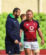 10 February 2023; Head coach Andy Farrell, left, and Finlay Bealham during the Ireland rugby captain's run at the Aviva Stadium in Dublin. Photo by Seb Daly/Sportsfile