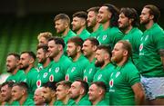 10 February 2023; Ireland players, back row, from left, Craig Casey, Ross Byrne, Hugo Keenan, Stuart McCloskey, James Lowe, Tom O’Toole, and Mack Hansen, middle row, from left, Rob Herring, Rónan Kelleher, Caelan Doris, James Ryan, Iain Henderson, Tadhg Beirne, Andrew Porter and Finlay Bealham, front row, from left, Peter O’Mahony, Jonathan Sexton, Conor Murray, Garry Ringrose, Jack Conan and Dave Kilcoyne, during a team photograph before the Ireland rugby captain's run at the Aviva Stadium in Dublin. Photo by Seb Daly/Sportsfile