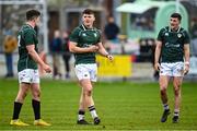 10 February 2023; Ireland players, from left, Gavin Jones, Killian Coghlan and Louis Bruce during the Maxol Irish Universities Rugby Union Student International match between Ireland and France at the Mardyke in Cork. Photo by Eóin Noonan/Sportsfile