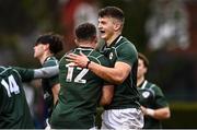 10 February 2023; Killian Coghlan of IURU celebrates with teammate Gavin Jones after scoring a try for their side during the Maxol Irish Universities Rugby Union Student International match between Ireland and France at the Mardyke in Cork. Photo by Eóin Noonan/Sportsfile