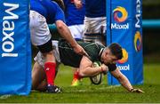 10 February 2023; Killian Coghlan of IURU scores a try for his side during the Maxol Irish Universities Rugby Union Student International match between Ireland and France at the Mardyke in Cork. Photo by Eóin Noonan/Sportsfile