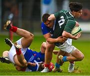10 February 2023; James Tarrant of IURU is tackled by Louis Mauro of France during the Maxol Irish Universities Rugby Union Student International match between Ireland and France at the Mardyke in Cork. Photo by Eóin Noonan/Sportsfile