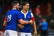 10 February 2023; Thibaud Amblard of France, left, celebrates with teammate Tom Spring after the Maxol Irish Universities Rugby Union Student International match between Ireland and France at the Mardyke in Cork. Photo by Eóin Noonan/Sportsfile