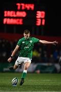 10 February 2023; Sam Prendergast of Ireland scores a late penalty during the U20 Six Nations Rugby Championship match between Ireland and France at Musgrave Park in Cork. Photo by Eóin Noonan/Sportsfile