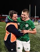 10 February 2023; Sam Prendergast of Ireland celebrates with assistant coach Mark Sexton after the U20 Six Nations Rugby Championship match between Ireland and France at Musgrave Park in Cork. Photo by Eóin Noonan/Sportsfile
