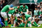 11 February 2023; Hugo Keenan of Ireland, centre celebrates with teammates including Jonathan Sexton and Conor Murray after scoring his side's first try during the Guinness Six Nations Rugby Championship match between Ireland and France at the Aviva Stadium in Dublin. Photo by Harry Murphy/Sportsfile