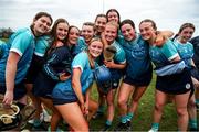 11 February 2023; TUD players celebrate after their side's victory the Electric Ireland Ashbourne Cup Semi-Final between TUD and SETU Waterford at UCD in Dublin. Photo by Michael P Ryan/Sportsfile