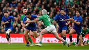 11 February 2023; Ethan Dumortier of France is tackled by Mack Hansen of Ireland during the Guinness Six Nations Rugby Championship match between Ireland and France at the Aviva Stadium in Dublin. Photo by Brendan Moran/Sportsfile