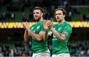 11 February 2023; Mack Hansen, right, and Caelan Doris of Ireland after their side's victory in the Guinness Six Nations Rugby Championship match between Ireland and France at the Aviva Stadium in Dublin. Photo by Seb Daly/Sportsfile