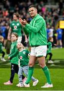 11 February 2023; Jonathan Sexton of Ireland with his daughters Amy and Sophie after his side's victory in the Guinness Six Nations Rugby Championship match between Ireland and France at the Aviva Stadium in Dublin. Photo by Harry Murphy/Sportsfile