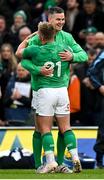 11 February 2023; Jonathan Sexton of Ireland celebrates with teammate Jack Conan after their side's victory in the Guinness Six Nations Rugby Championship match between Ireland and France at the Aviva Stadium in Dublin. Photo by Harry Murphy/Sportsfile