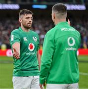 11 February 2023; Ross Byrne, left, and Jonathan Sexton of Ireland celebrate after the Guinness Six Nations Rugby Championship match between Ireland and France at the Aviva Stadium in Dublin. Photo by Brendan Moran/Sportsfile