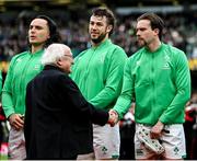 11 February 2023; Mack Hansen of Ireland meets President of Ireland Michael D Higgins before the Guinness Six Nations Rugby Championship match between Ireland and France at the Aviva Stadium in Dublin. Photo by Seb Daly/Sportsfile