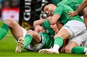 11 February 2023; Hugo Keenan of Ireland, centre, is congratulated by teammates Jonathan Sexton and Conor Murray after scoring their side's first try during the Guinness Six Nations Rugby Championship match between Ireland and France at the Aviva Stadium in Dublin. Photo by Brendan Moran/Sportsfile