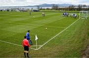 12 February 2023; Kieran McDaid of Buncrana Hearts takes a corner kick during the FAI Junior Cup 6th Round match between Buncrana Hearts and Salthill Devon at Castle Park in Buncrana, Donegal. Photo by Ramsey Cardy/Sportsfile