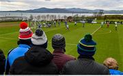 12 February 2023; Shane O'Rourke of Salthill Devon heads his side's first goal during the FAI Junior Cup 6th Round match between Buncrana Hearts and Salthill Devon at Castle Park in Buncrana, Donegal. Photo by Ramsey Cardy/Sportsfile