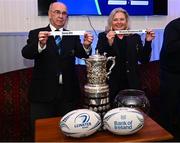 12 February 2023; Leinster Rugby president Debbie Carty draws Wexford Wanderers RFC and Leinster Rugby Chair of Junior Rugby Pat Carolan draws Gorey RFC during the Bank of Ireland Provincial Towns Cup 2nd Round Draw at Wexford Wanderers RFC in Wexford. Photo by Harry Murphy/Sportsfile