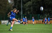 16 February 2023; Abby Healy of Leinster kicks a conversion during the U18 Girls Interprovincial match between Leinster and Munster at Terenure College in Dublin. Photo by Harry Murphy/Sportsfile