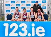 12 February 2023; Athletices Ireland president John Cronin, with the Mullingar Harrier scoring runners from left, Vinny Connolly, Ian McCormack, Andrew Nevin and James Keegan, after they finished second in the intermediate men's club team competition during the 123.ie National Intermediate, Masters & Juvenile B Cross Country Championships at Gowran Demense in Kilkenny. Photo by Sam Barnes/Sportsfile