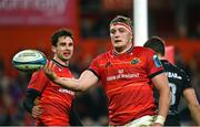 17 February 2023; Gavin Coombes of Munster celebrates after scoring his side's first try during the United Rugby Championship match between Munster and Ospreys at Thomond Park in Limerick. Photo by Harry Murphy/Sportsfile