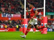 17 February 2023; Malakai Fekitoa of Munster celebrates after scoring his side's second try during the United Rugby Championship match between Munster and Ospreys at Thomond Park in Limerick. Photo by Harry Murphy/Sportsfile