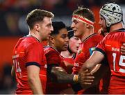 17 February 2023; Malakai Fekitoa of Munster, second left, celebrates with teammates after scoring his side's second try during the United Rugby Championship match between Munster and Ospreys at Thomond Park in Limerick. Photo by Harry Murphy/Sportsfile