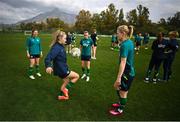 18 February 2023; Izzy Atkinson, left, and Diane Caldwell during a Republic of Ireland women training session at Dama de Noche Football Center in Marbella, Spain. Photo by Stephen McCarthy/Sportsfile