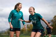 18 February 2023; Kyra Carusa, left, and Abbie Larkin during a Republic of Ireland women training session at Dama de Noche Football Center in Marbella, Spain. Photo by Stephen McCarthy/Sportsfile